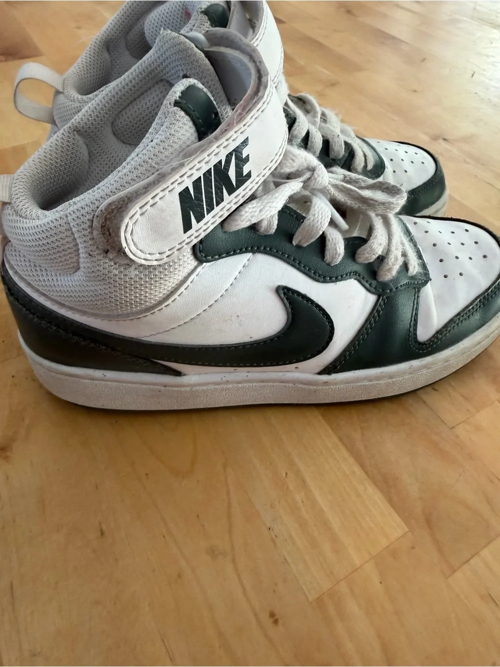 Nike Kids White and Dark Green High-Top Sneakers with Swoosh
